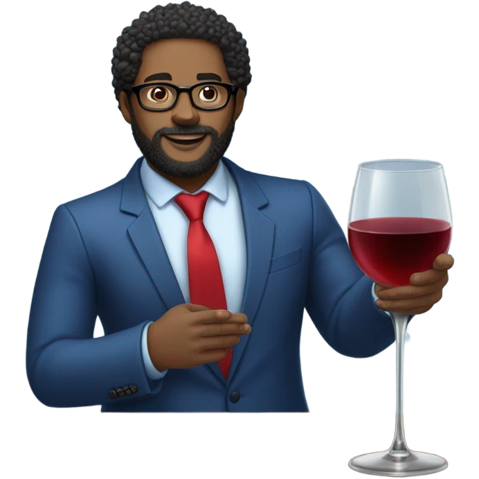 Curly hair with a fade, thick beard, black light skin guy wearing glasses wearing a blue suit and red tie holding three glasses of wine on his 2 hands emoji
