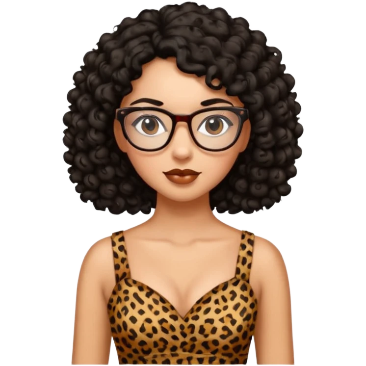 A women who wears glasses with a black curly hair, in a leopard print dress sweetheart neckline  emoji