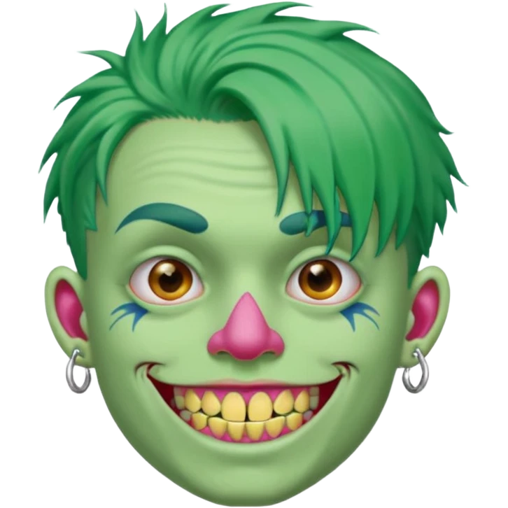 very colorful puffy green haired man made out of candy wearing teeth-braces and excessive face tattoos and excessive piercing just face  emoji