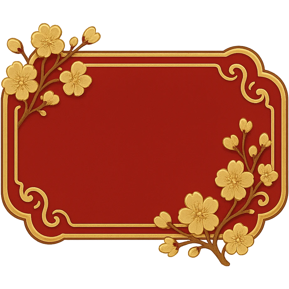 eastern style plaque for post signature, only red and gold colors, decorated with peach blossoms, feng shui vibe, ornate border, no text, 512x256px emoji