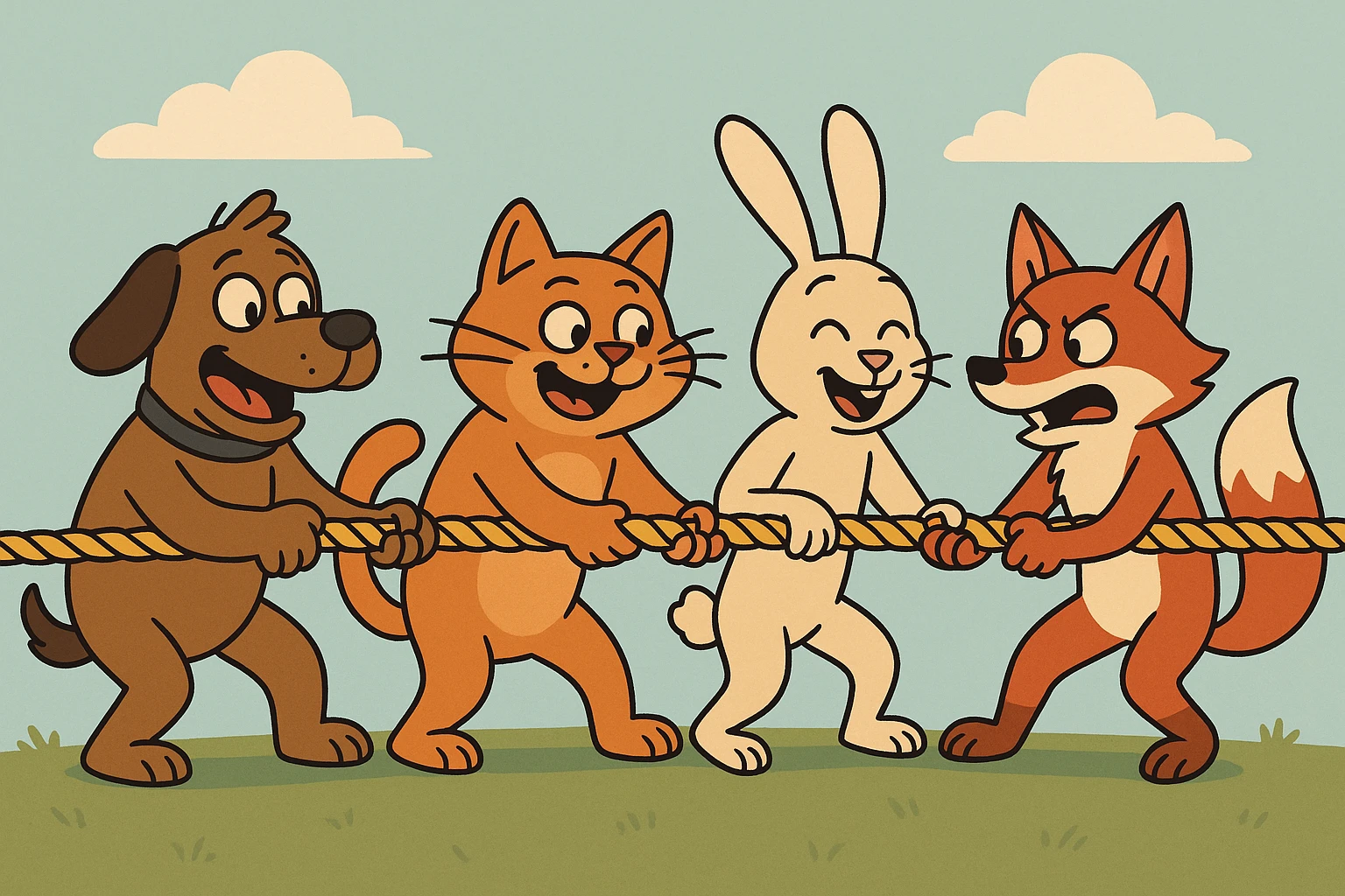 team of animals pulling a rope together, teamwork, fun, colorful emoji