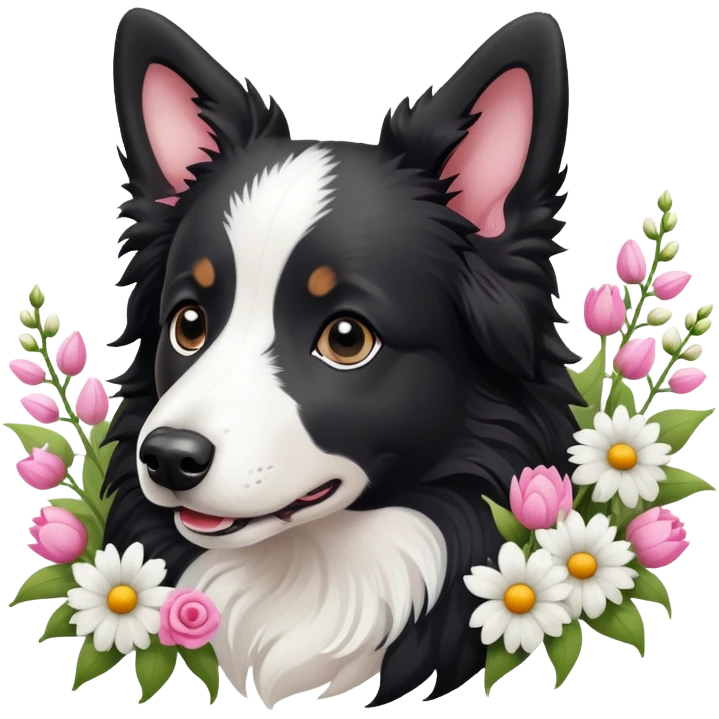 A cute  little  Black and white Border Collie and flower emoji