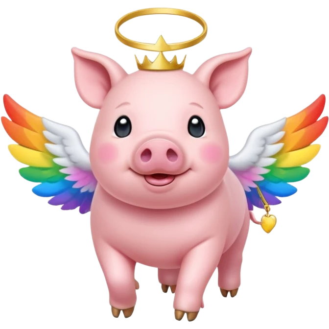 small pink pig with white wings and golden halo walking on rainbow bridge emoji