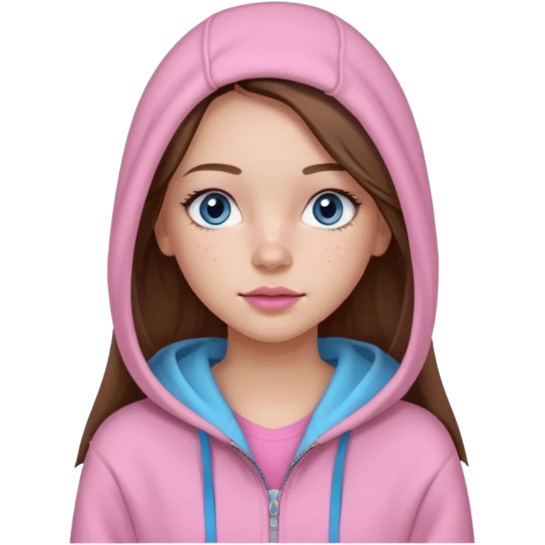 Create a TEENAGE girl with LONG and straight light brunette hair with a middle part, light skin, light freckles, and blue-gray eyes. She will have pink lips and LONG eyelashes. She will be wearing a light pink zip-up hoodie that is off her shoulder. emoji