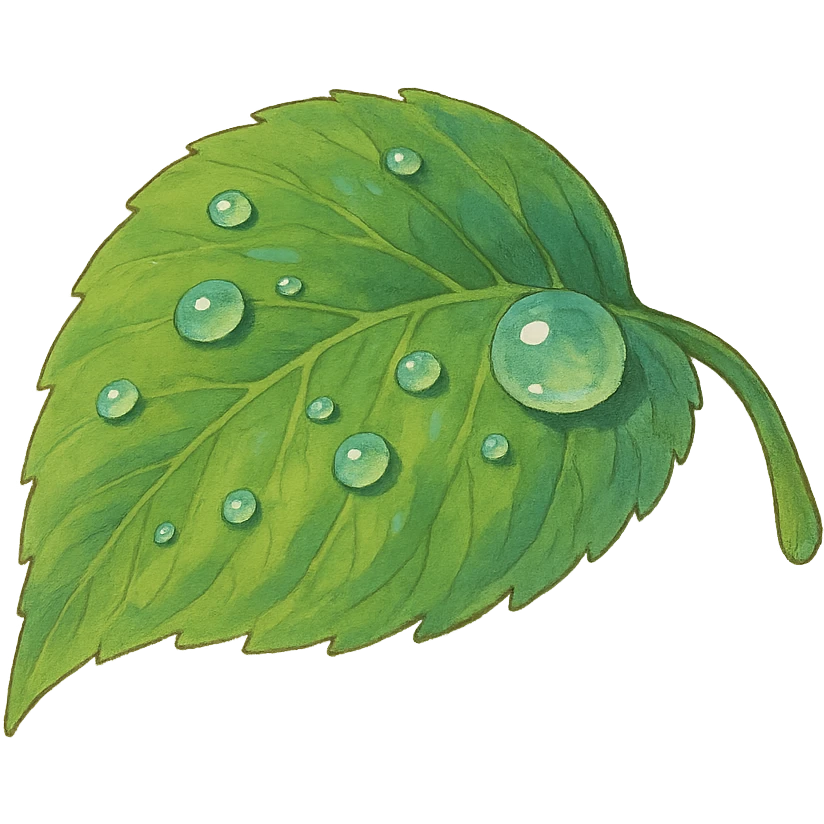 ghibli style illustration of a dew-covered leaf, fresh and vibrant, inspired by cis-3-hexenol emoji