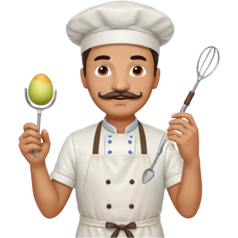 Middle aged male pastry chef - with a mustache, apron, white hat, and holding an egg beater in one hand emoji