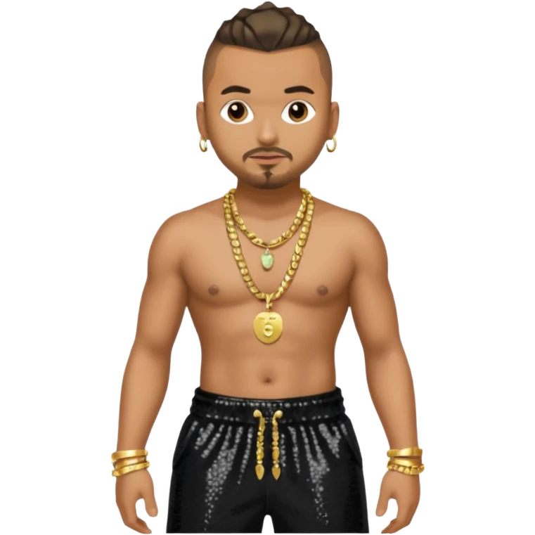 Sean Paul with black sequin baggy pants, shirtless with necklace emoji