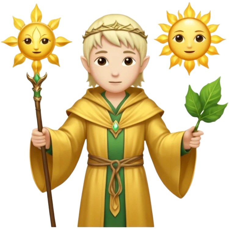 {
      "type": "human",
      "look": "light elf healer, golden robe, staff with leaf and sun",
      "description": "a light elf healer wearing a golden robe and holding a staff with leaf and sun no face"
    } emoji