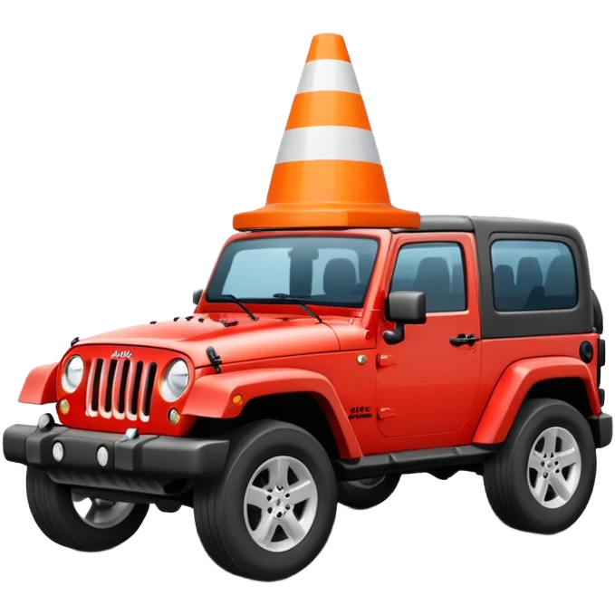red Jeep Wrangler driving over an all-white traffic cone with no stripes or markings, emoji style emoji