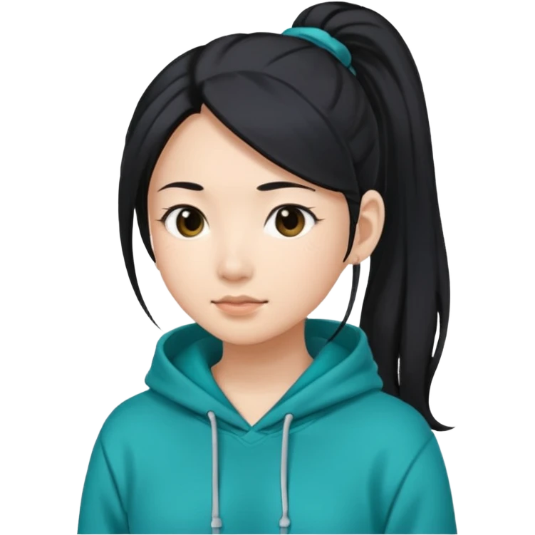 generate an asian female with long black hair in a ponytail and a teal hoodie emoji