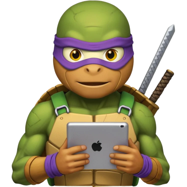 Donatello from Teenage Mutant Ninja Turtles, emoji style, with a tablet showing a hacking screen and a determined look, with a yellow hacking interface on the screen emoji