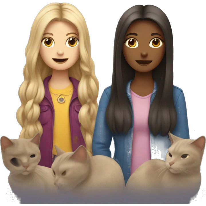 Two long hair girls and two cats in their hands emoji