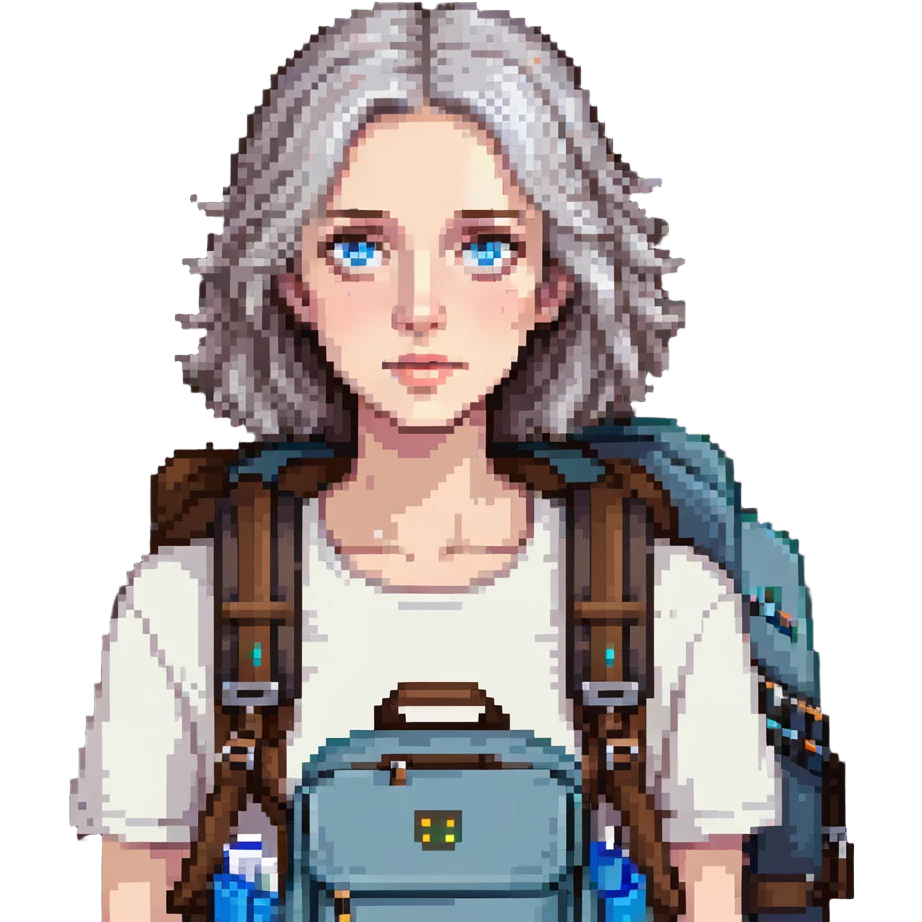 white woman park ranger with blue eyes, brown and gray hair, wearing a backpack emoji