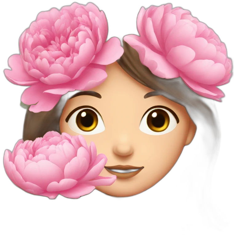 brunette girl smells flowers peonies emoji