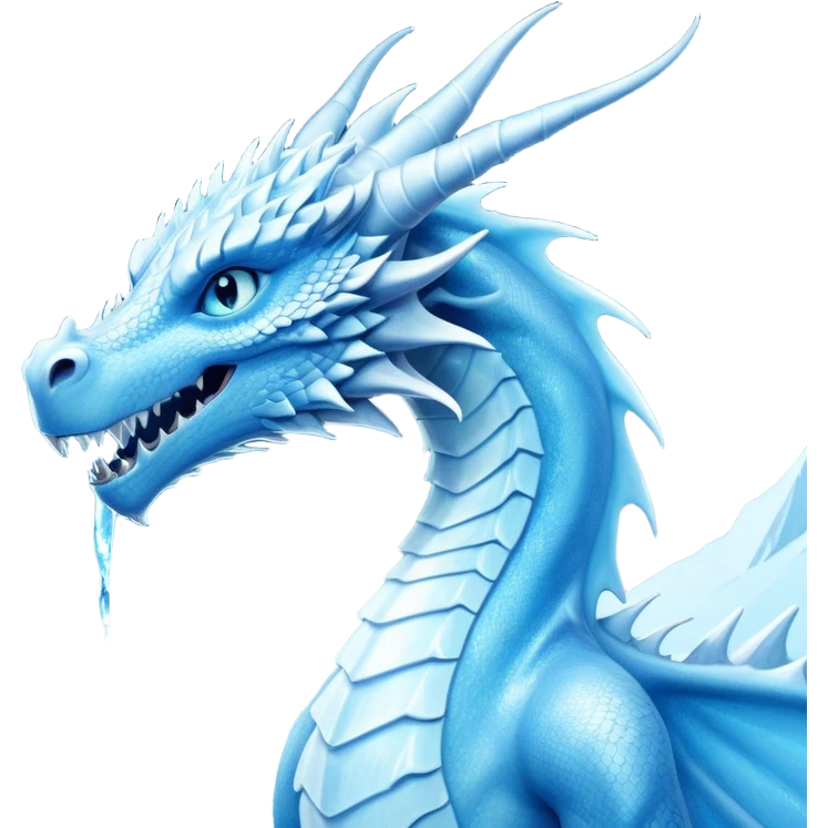 Cinematic Noble very elegant slender Ice Dragon Portrait Emoji, Poised and imposing, distinct long elegant snout, with a slender, scaled body shimmering in glacial hues of icy blue, frostbitten silver, and crystalline white, breathing out frost, with piercing, glowing ice blue white eyes that radiate the chilling depths of an arctic storm; rendered in detail. excuding wisdom emoji