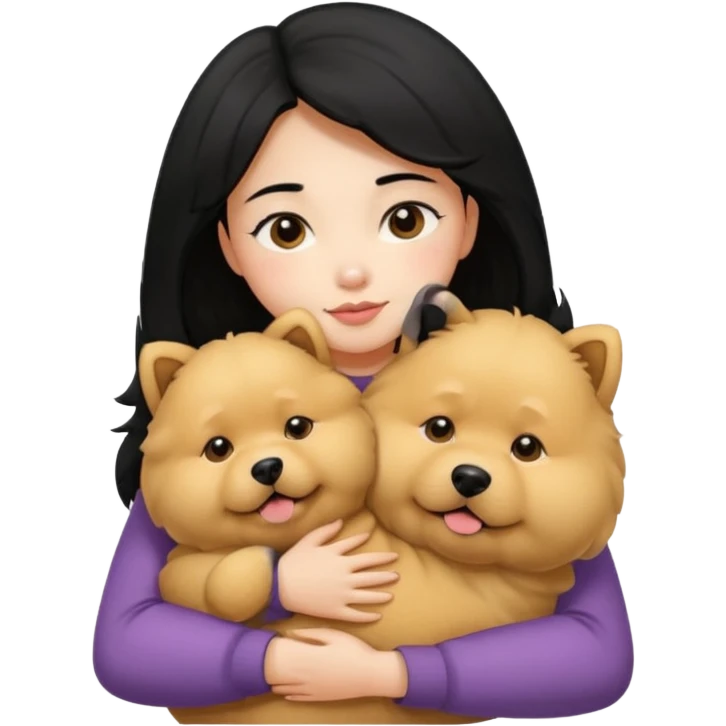 A girl with black hair hugging a beige fluffy chow chow dog emoji