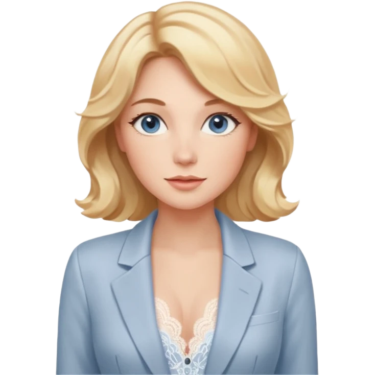 A gentle woman with fair skin, wavy honey-blonde hair, and calm gray-blue eyes. She wears blush lace lingerie and a white blazer, radiating soft confidence and warmth. emoji