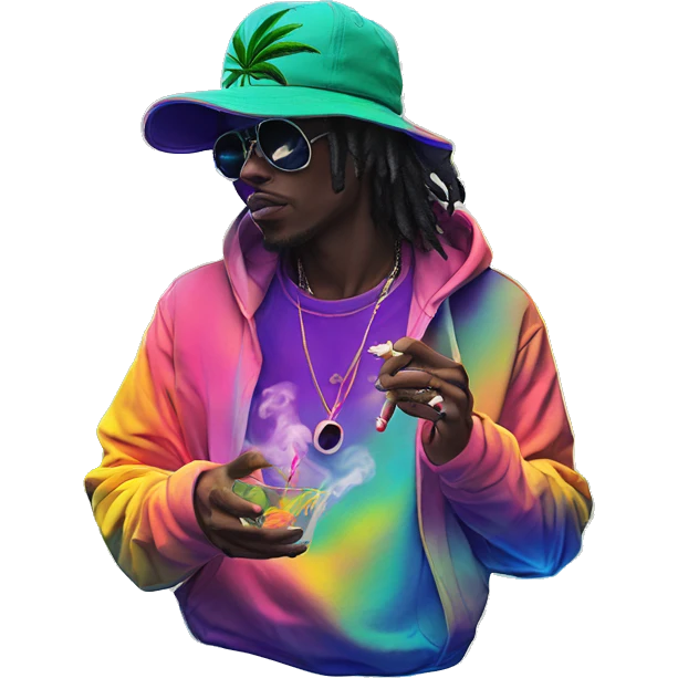 Hemp leaves Multicoloured neon person smoking wearing hoodie dancing hip hop bucket hat tropical Skater fashion aesthetic baggy clothes graphic t shirt 420 emoji