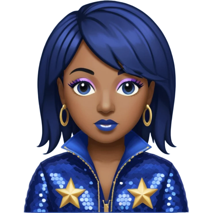Missy Elliott with jet black hair, indigo sequin outfit emoji