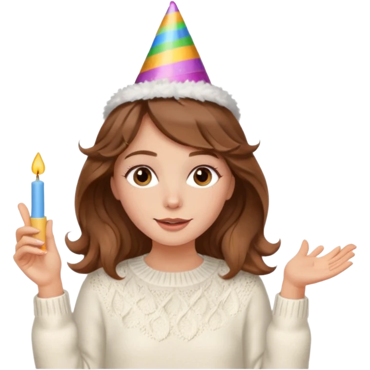 A pretty white girl with hazel brown eyes and brown wavy hair in a cosy white knit sweater, she is celebrating her birthday emoji