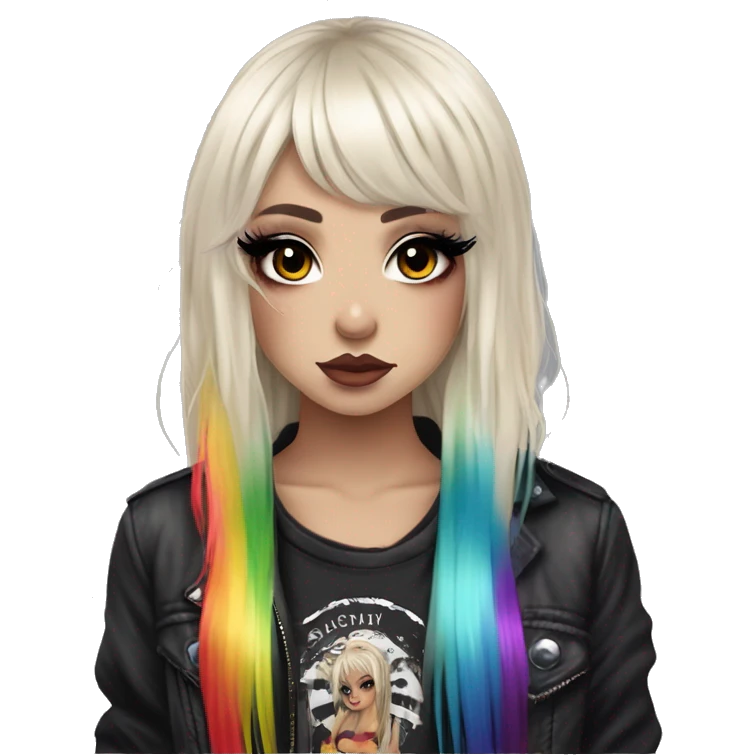 hime gyaru girl, long platinum blonde hair with rainbow fringe, tattoos, dark makeup, goth grunge clothes emoji