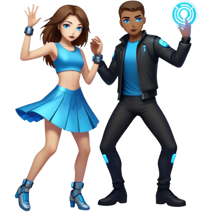 Neon cyberpunk style 
girl with brown hair and blue eyes dance with man emoji