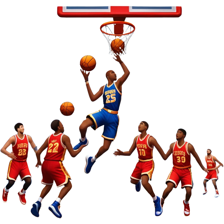 An icon showing a basketball court with players in action, inspired by NBA 2K25. A player jumps for a dunk, the ball mid-air, surrounded by a vibrant basketball arena with cheering fans and bright lights. Transparent background emphasizes the intense atmosphere emoji