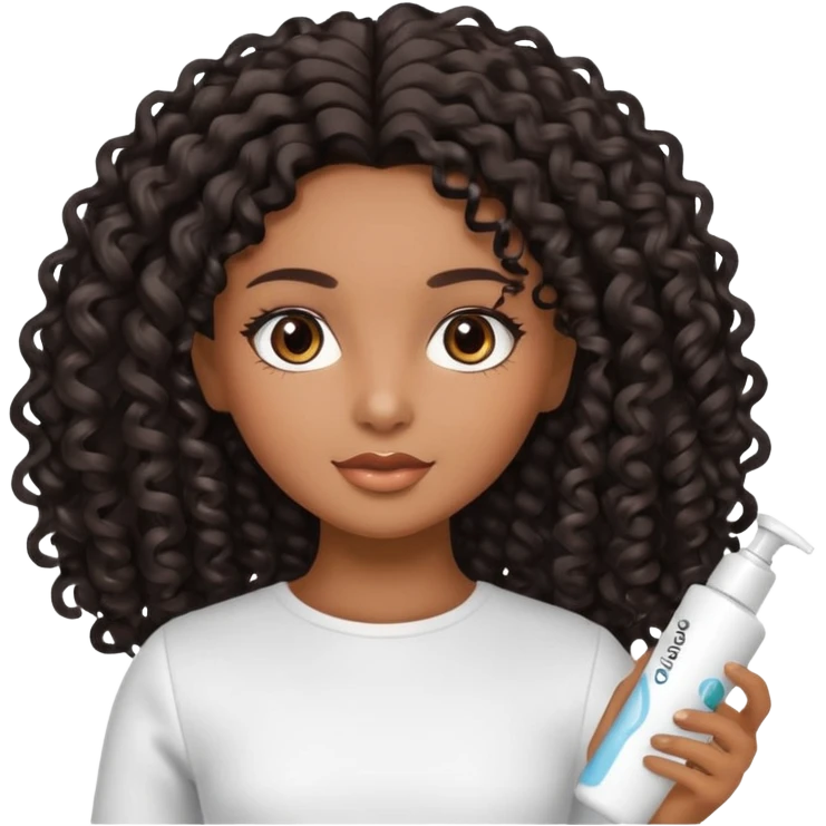 Uma boneca morena com olhos castanhos e cabelo cacheado longo preto, com creme de pentear na mão da Salon line emoji