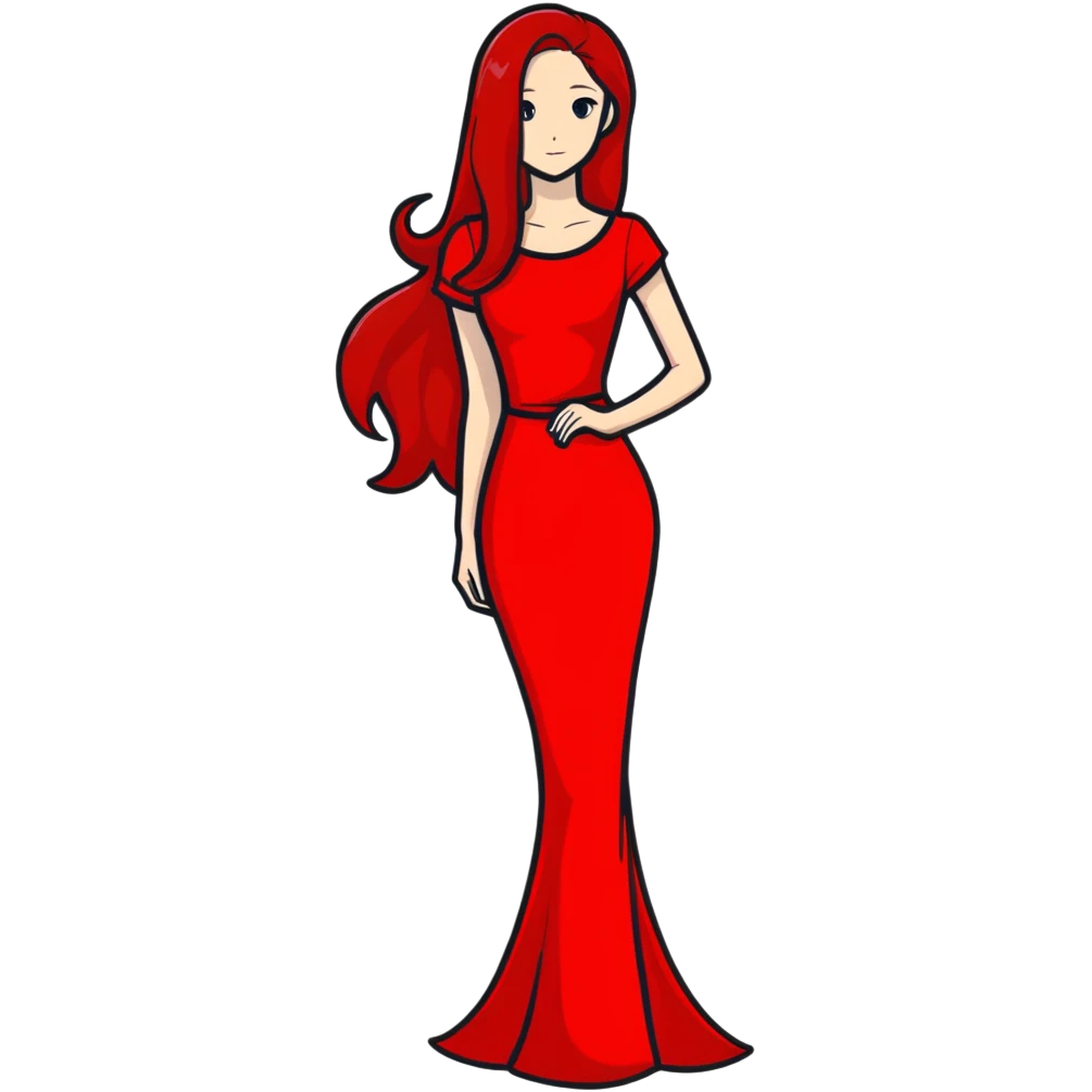 Fair-skin elegant girl in red long dress with long red hair emoji