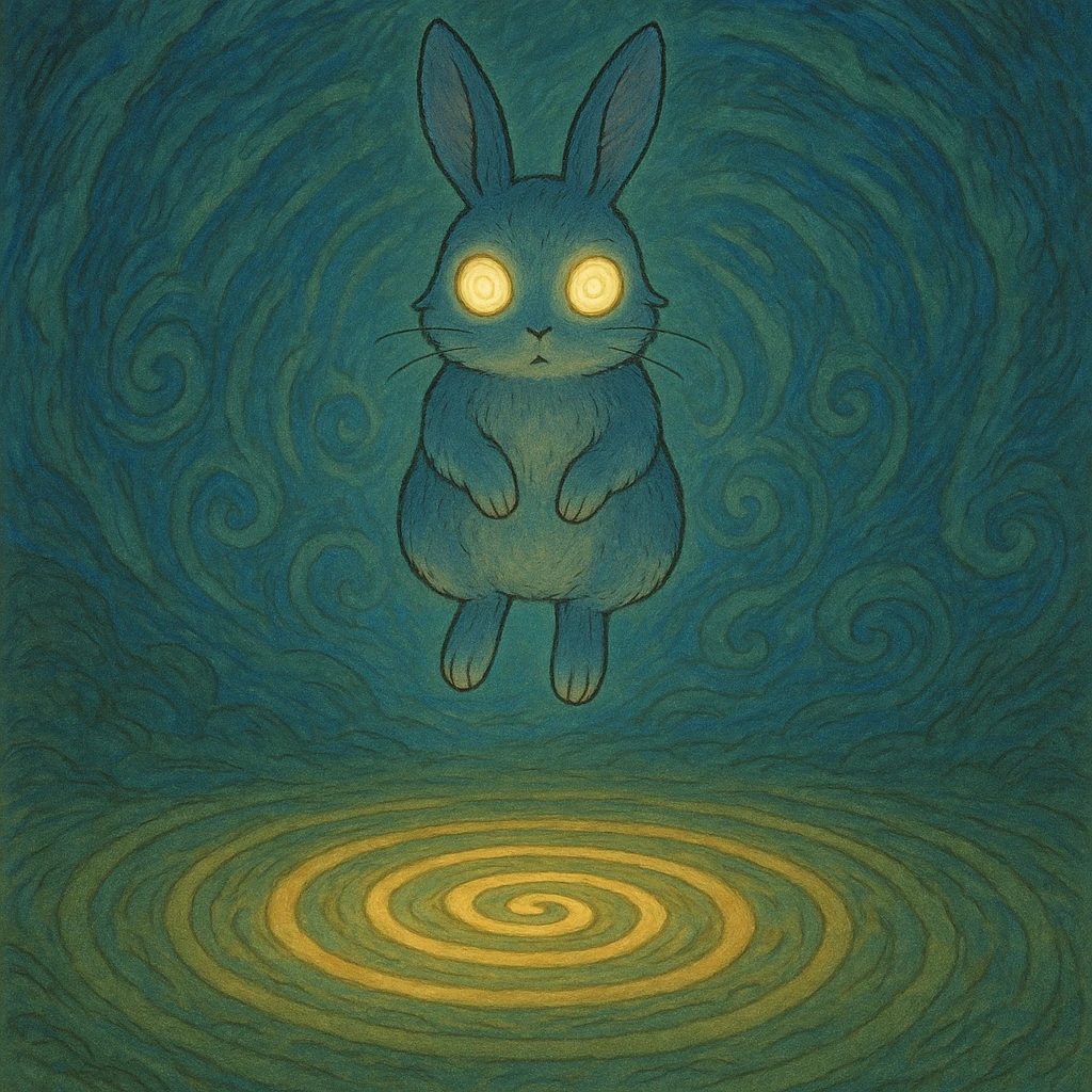 a mystical rabbit with glowing, hypnotic eyes, floating above a spiral, fantasy illustration style emoji