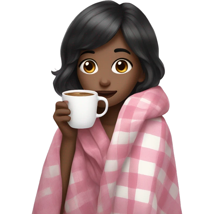 A cute black hair girl wrapped in pastel pink plaid blanket drinking coffee emoji
