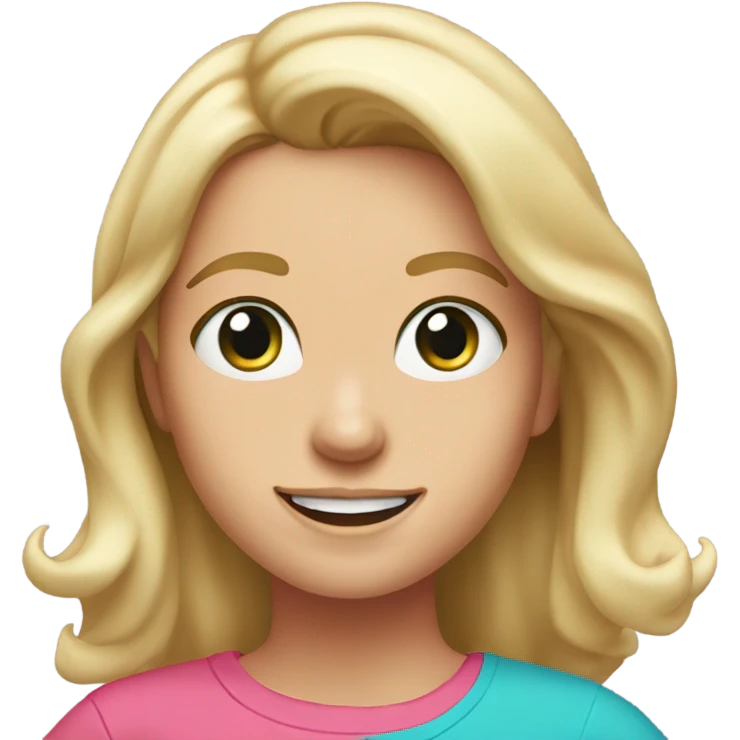 blonde girl with shoulder length hair, blue-green eyes, brown eyebrows, freckles and pink t-shirt, she is smiling  emoji