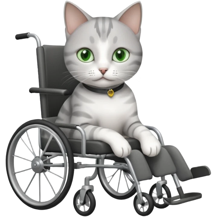 grey and white cat in a wheelchair designed for cats to walk emoji