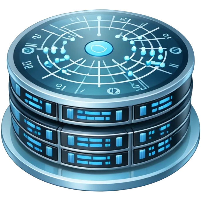An icon featuring stacked server disks, a digital network grid, and binary code, symbolizing databases. The design includes data flow arrows, representing storage, organization, and retrieval of information. Transparent background highlights data-driven technologies. emoji