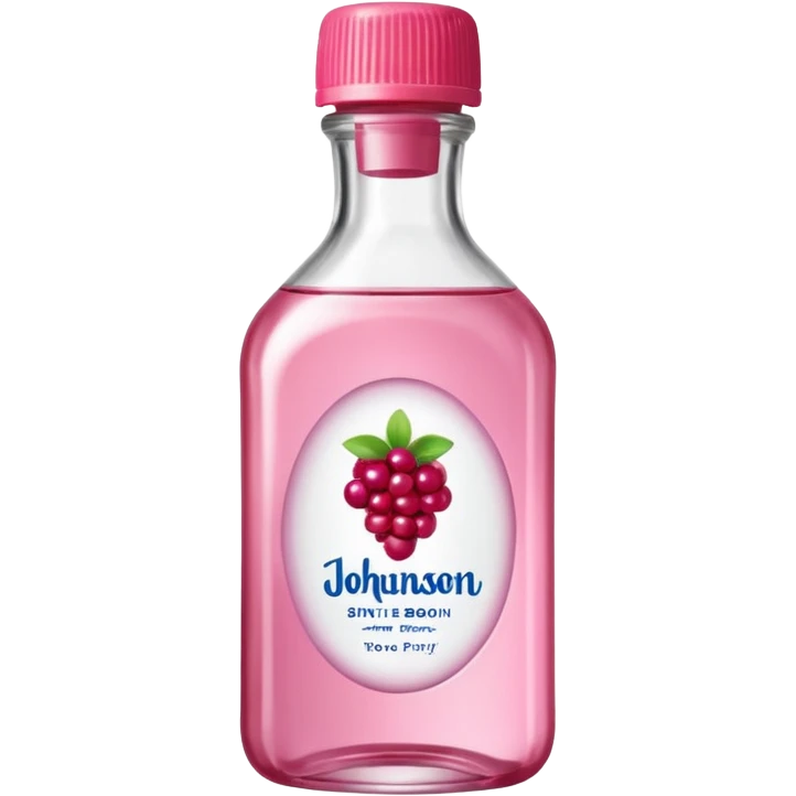 realistic Johnson and Johnson style bottle pink cap pink logo clear bottle with berry party logo with diddy oil and a berry on top bottle emoji