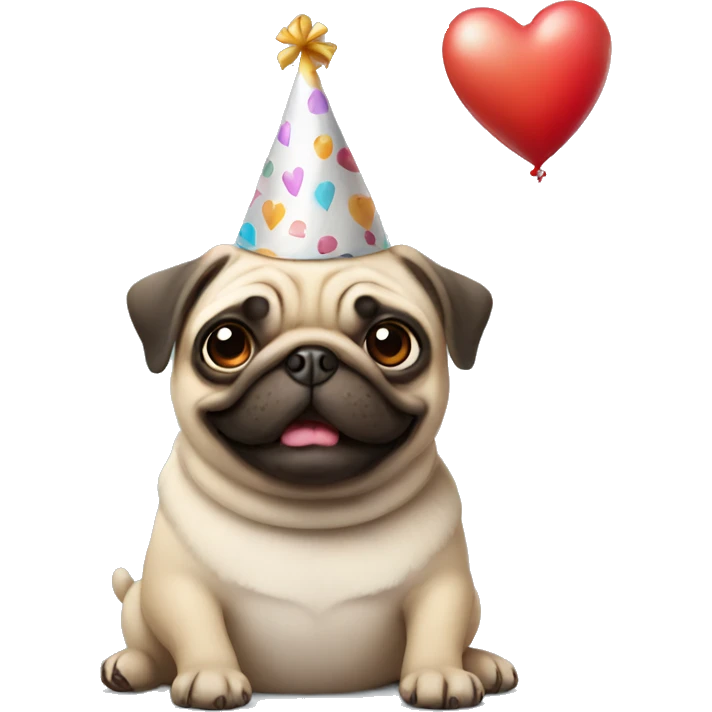 Pug wearing a birthday hat and holding a heart balloon  emoji