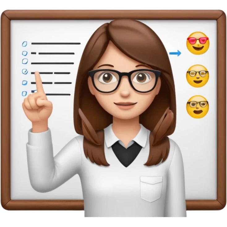 Make an emoji of a girl with brown hair who is teaching how to make emojis on a board pointing to the board like a teacher emoji