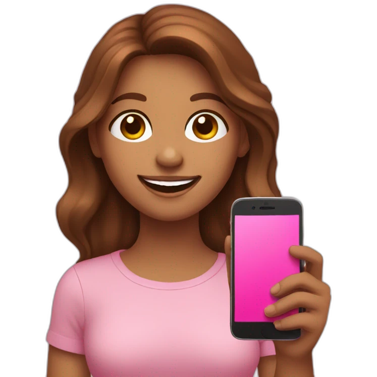 brown-haired girl, smiling and holding a pink cell phone in her hand emoji