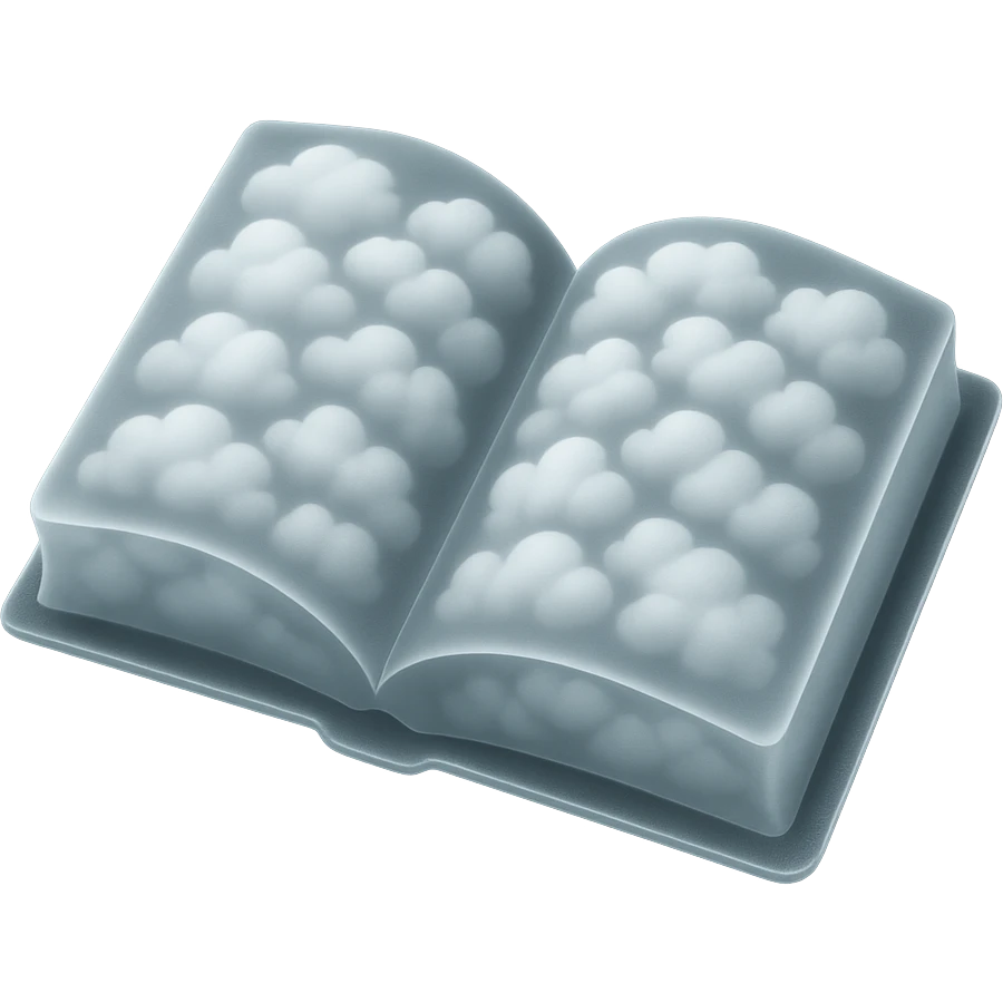 thick open book made entirely of small very bright white fluffy convex clouds, matte glass style, emphasis on volume and airiness, no background emoji