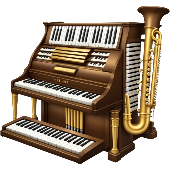 Create an elegant and majestic emoji representing a classical organ. The design should feature the grand pipes of the organ in the background, with visible details of the keys and pedalboard in the foreground. The pipes should be tall and impressive, with a mixture of gold, silver, and metallic shades to emphasize the grandeur of the instrument. The keyboard and pedals should be well-defined, capturing the intricate craftsmanship of the organ. Use dark wood tones and gold accents for the body of the instrument to give it a rich, historic feel. Add subtle musical notes around the organ to evoke its deep, resonant sound. The background should be transparent. emoji