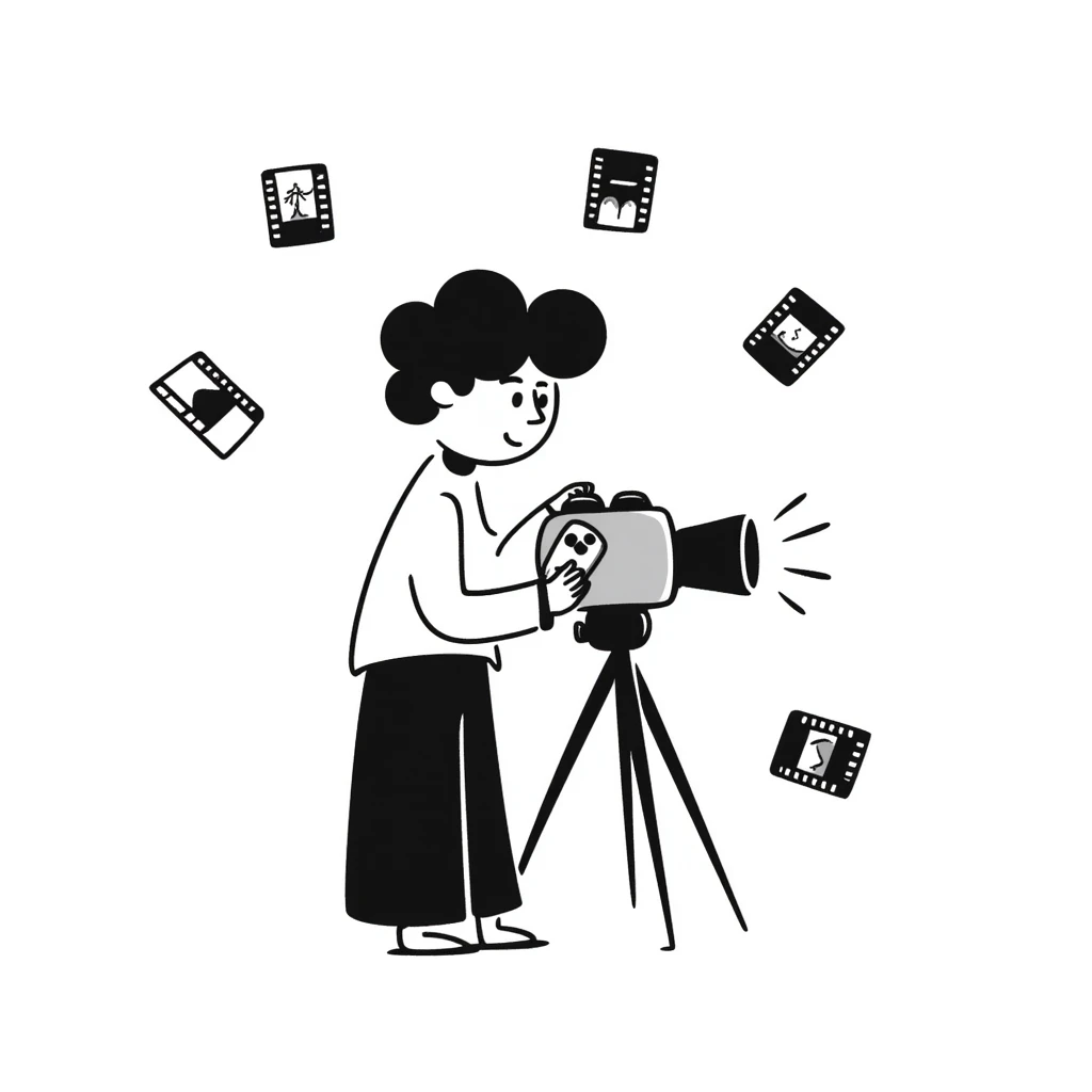 Hand-drawn film strips and an old school film camera with a photographer emoji