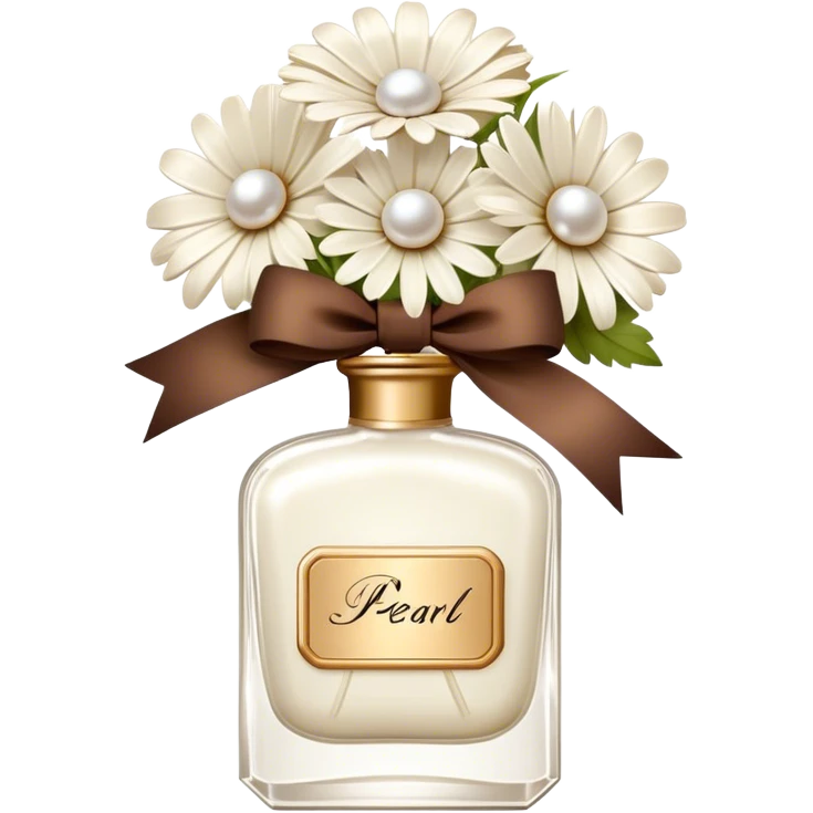 pearl white vintage style perfume bottle and ivory colored daisies and a brown bow emoji