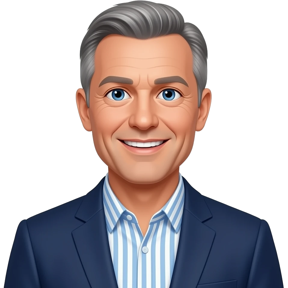 DJR - man, friendly smile, mid 70's, blue eyes, slim face, blue and white vertical striped button up shirt, thin short grey hair, dark blue blazer emoji