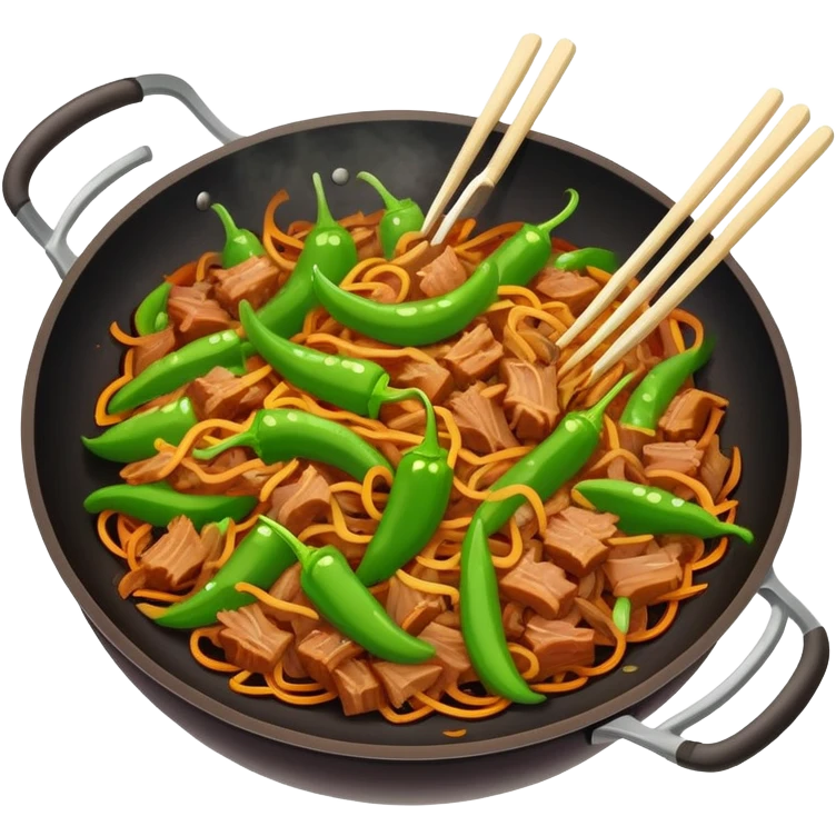 Green Pepper with Shredded Pork in wok, simplified emoji style with bold outlines and bright colors, cartoon style Qing Jiao Rou Si homestyle dish emoji