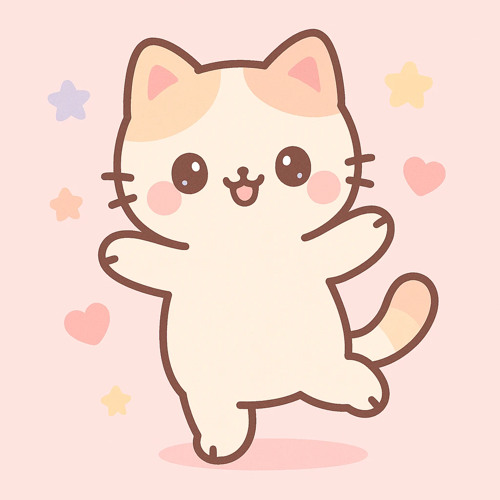 gato bailando, estilo kawaii, adorable, colores pastel, ilustración tierna emoji