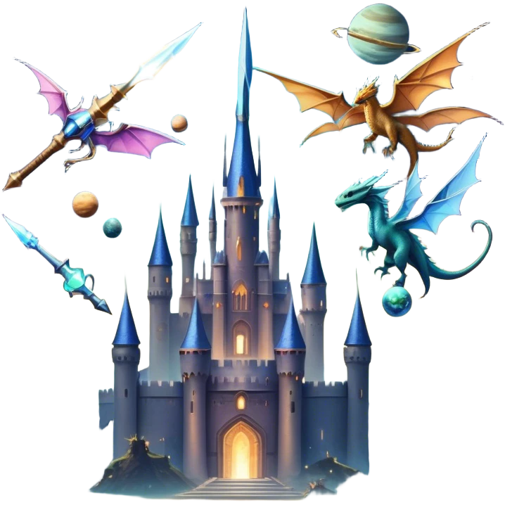 Fantasy and Sci-Fi Movies: A magical collage with a glowing sword, flying dragons, and futuristic spaceships. Stars and planets shimmer in the background, with a mystical castle and an ancient wizard holding a staff. The atmosphere is epic, otherworldly, and adventurous. Transparent background. emoji