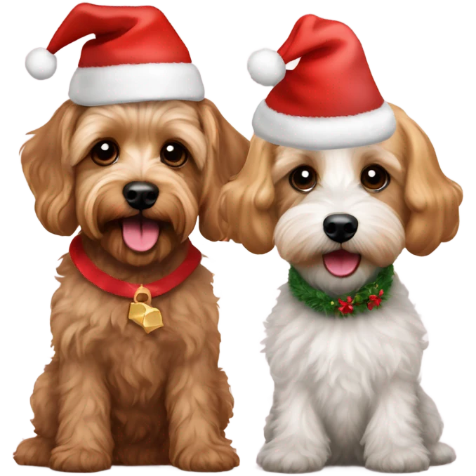  Schnoodle and gold cavapoo with Christmas hats emoji