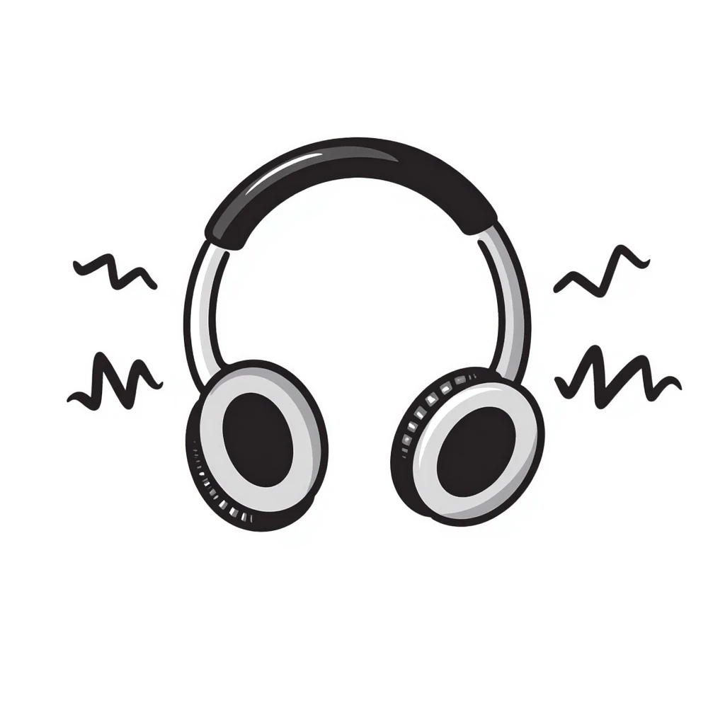 Hand-drawn sketch of DJ headphones with music waves emoji