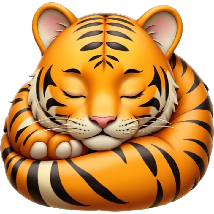 Meme-Worthy cute Sleeping Tiger Portrait Emoji, Head resting peacefully with a contented smile, showcasing a luxuriously striped form and eyes gently closed in serene slumber, Simplified yet comically adorable features, highly detailed, glowing with a soft, drowsy wild light, high shine, relaxed and utterly lovable, stylized with an air of playful laziness, bright and heartwarming, soft glowing outline, capturing the essence of a sleeping tiger that feels destined to become the next viral icon of adorable rest! emoji