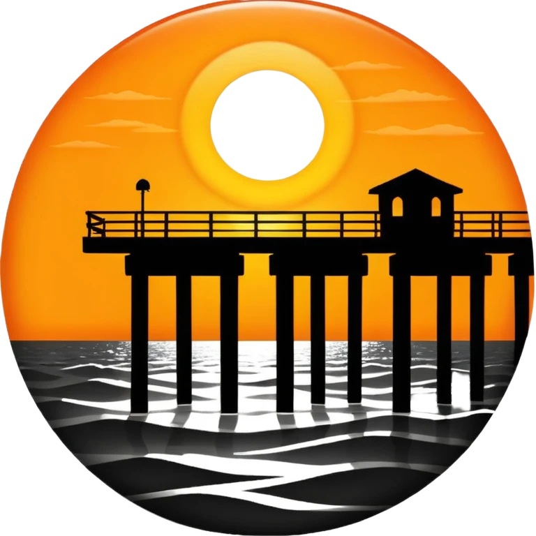 A black and white image of a pier in the ocean as a silhouette with the sun in the background emoji